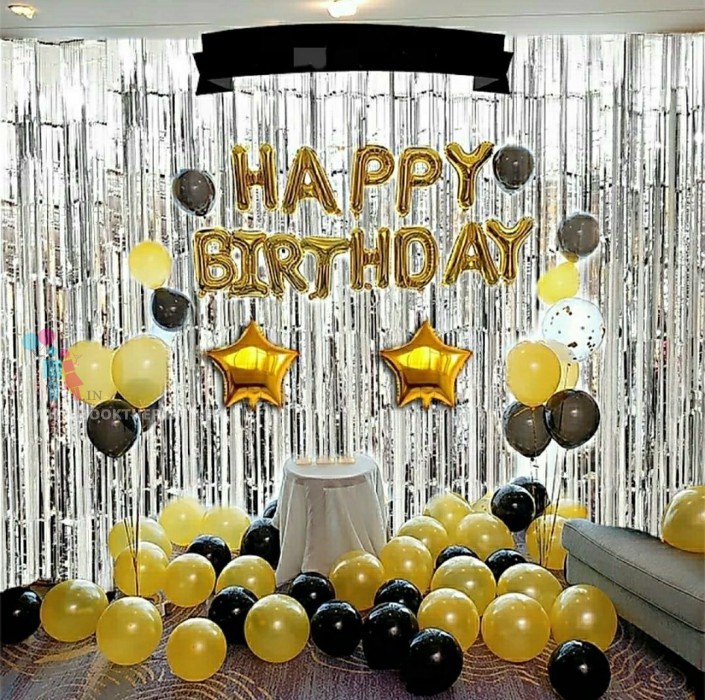 Foil Fringe Silver Curtains with Gold and Black Balloons
