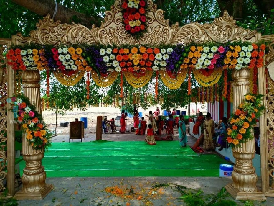 Golden Drapes Mandapam With Side Domes