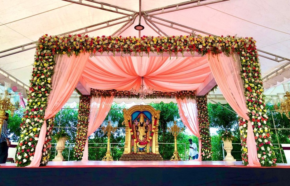 Box Mandapam with Peach & White Colored Drapes 