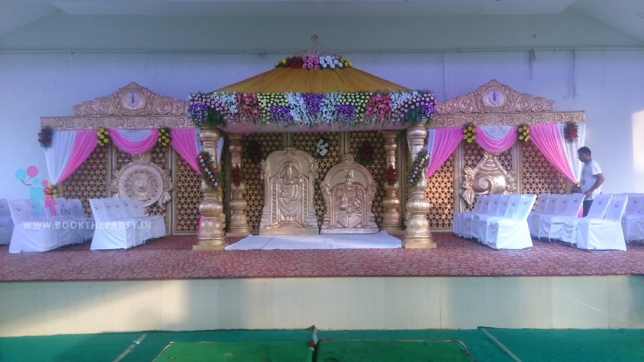 Golden Mandapam with Pink and White Drapes 