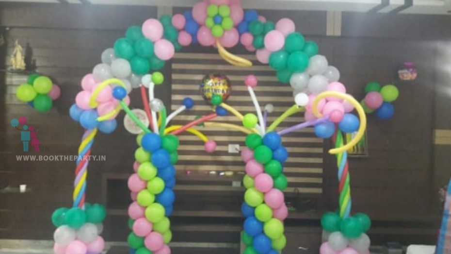 Multicolour Balloon Arch With Balloon Pillars Setup 