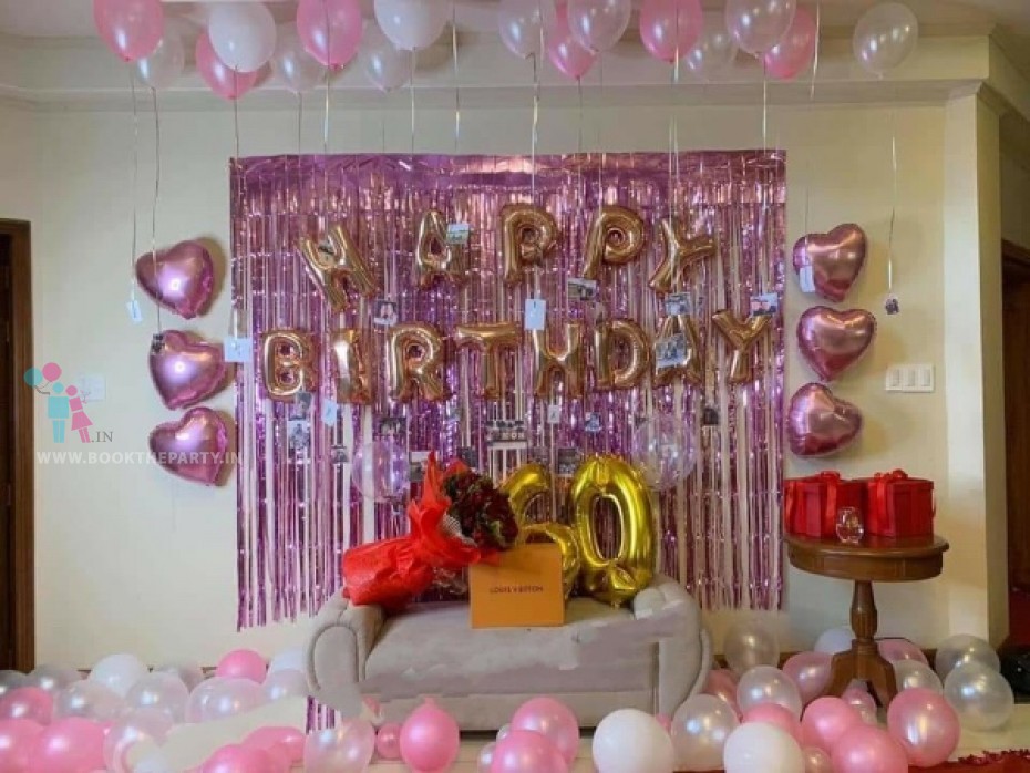 Foil Fringe Pink Curtains with Pink & White Balloons 