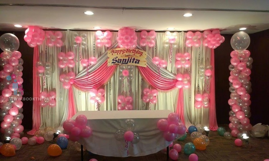 Pink & White Drapes with Balloon Pillars Theme