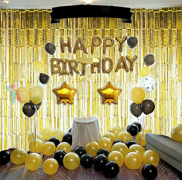 Golden Foil Fringe Curtains with Gold and Black Balloons 