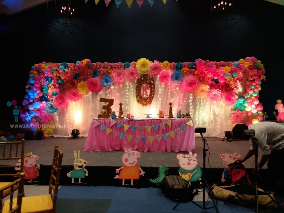 Illuminated White Drapes with Paper Fans, Foam Flowers and Balloons 