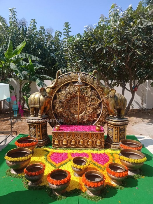 Mangalasnanam with Elephants and Flower Design Setup