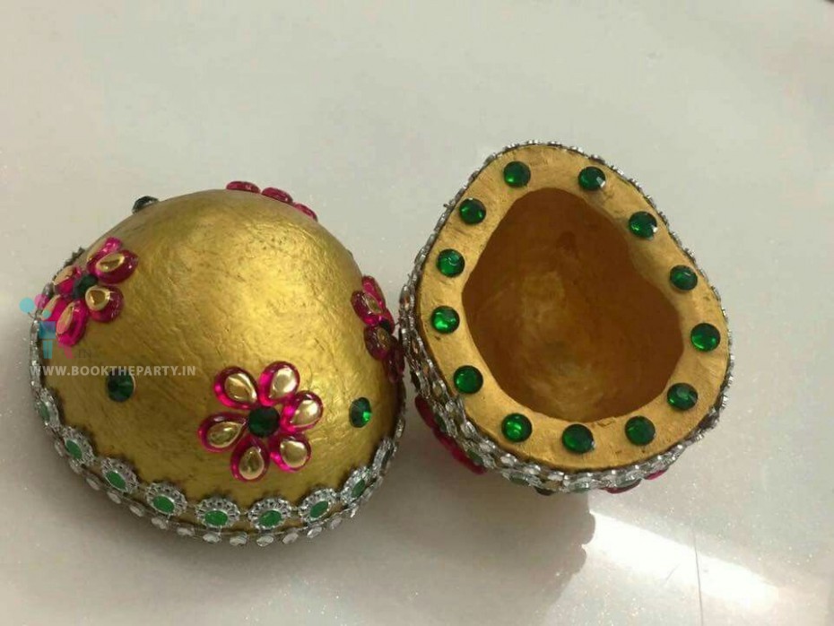 Coconut with Gold Paint and Floral Design 